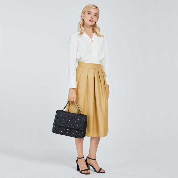 LB6908 - Miss Lulu Studded Quilted Shoulder Handbag - Black